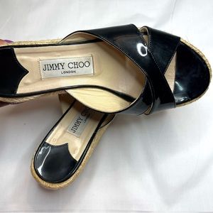 Jimmy Choo Black Patent Leather Espadrille Wedges Size 36.5 US 6